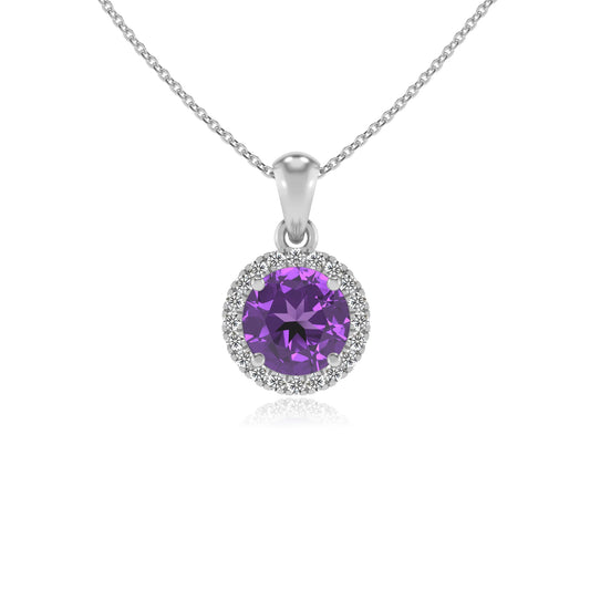 lab grown amethyst round solitaire necklaces in white gold