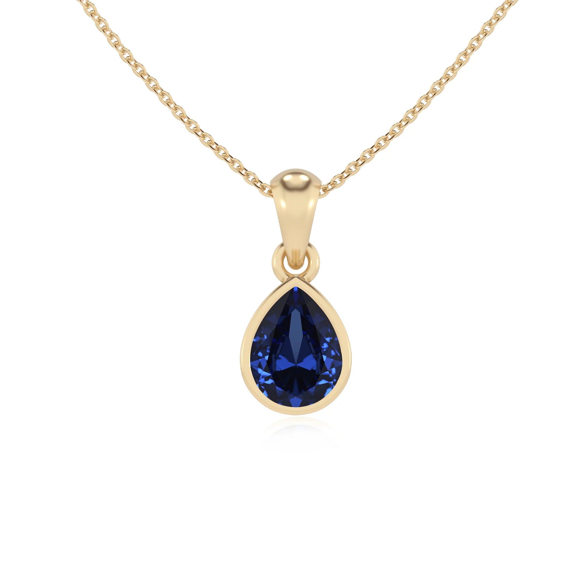 lab grown blue-sapphire pear solitaire necklaces in yellow gold