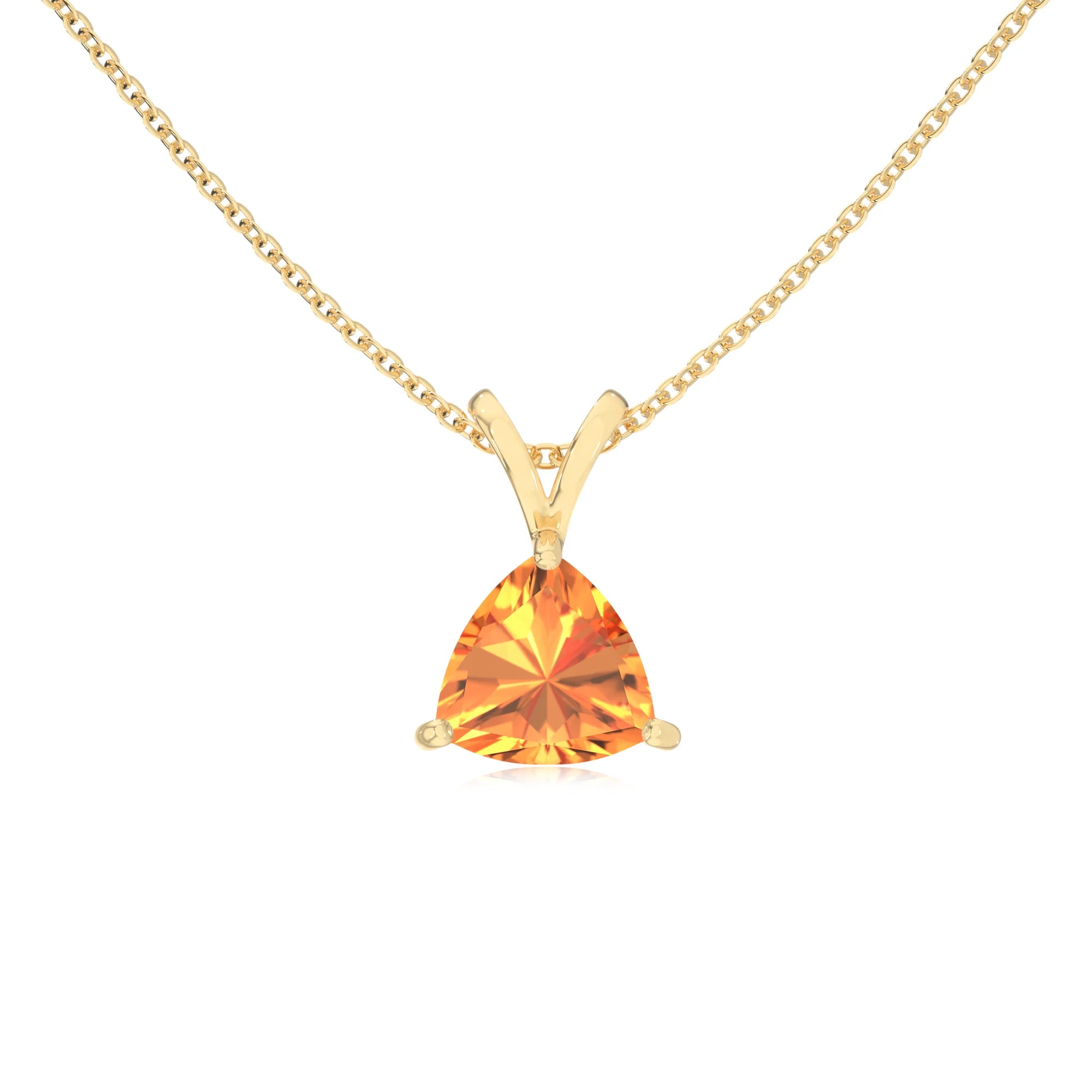 lab grown citrine trillion solitaire v-bale necklaces in yellow gold