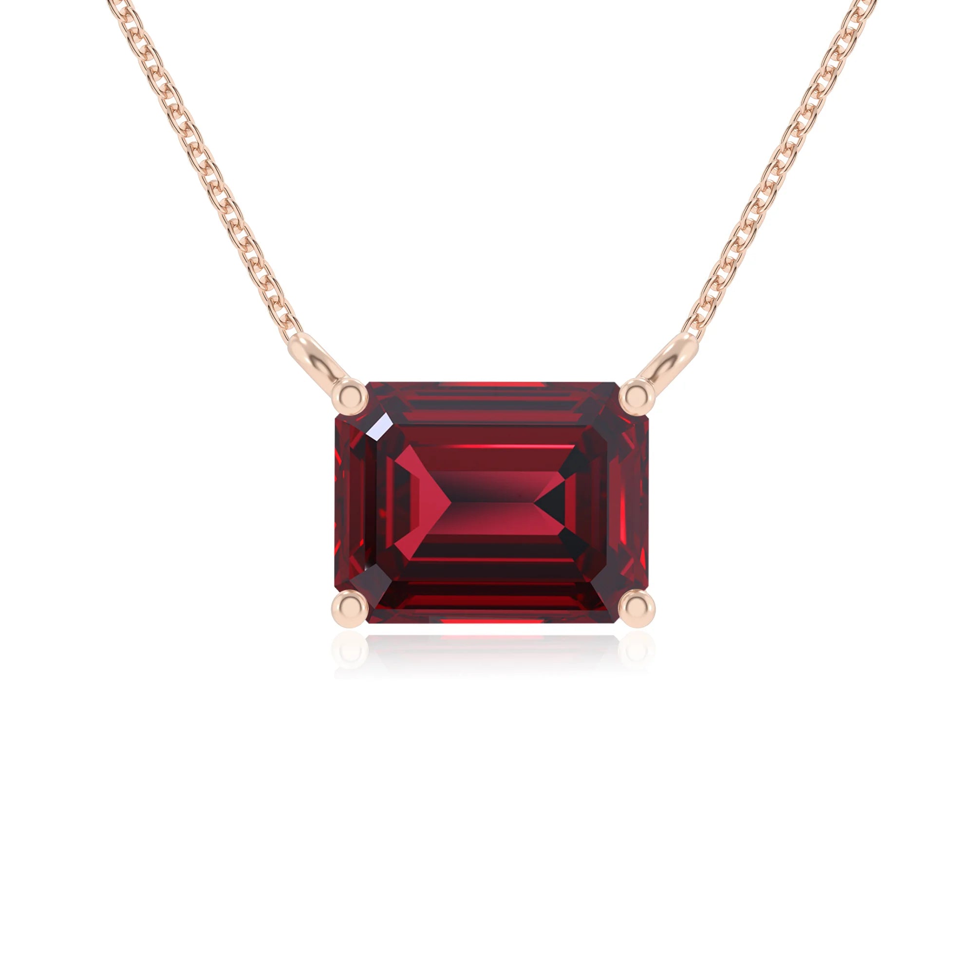 lab grown ruby emerald cut solitaire necklaces in rose gold