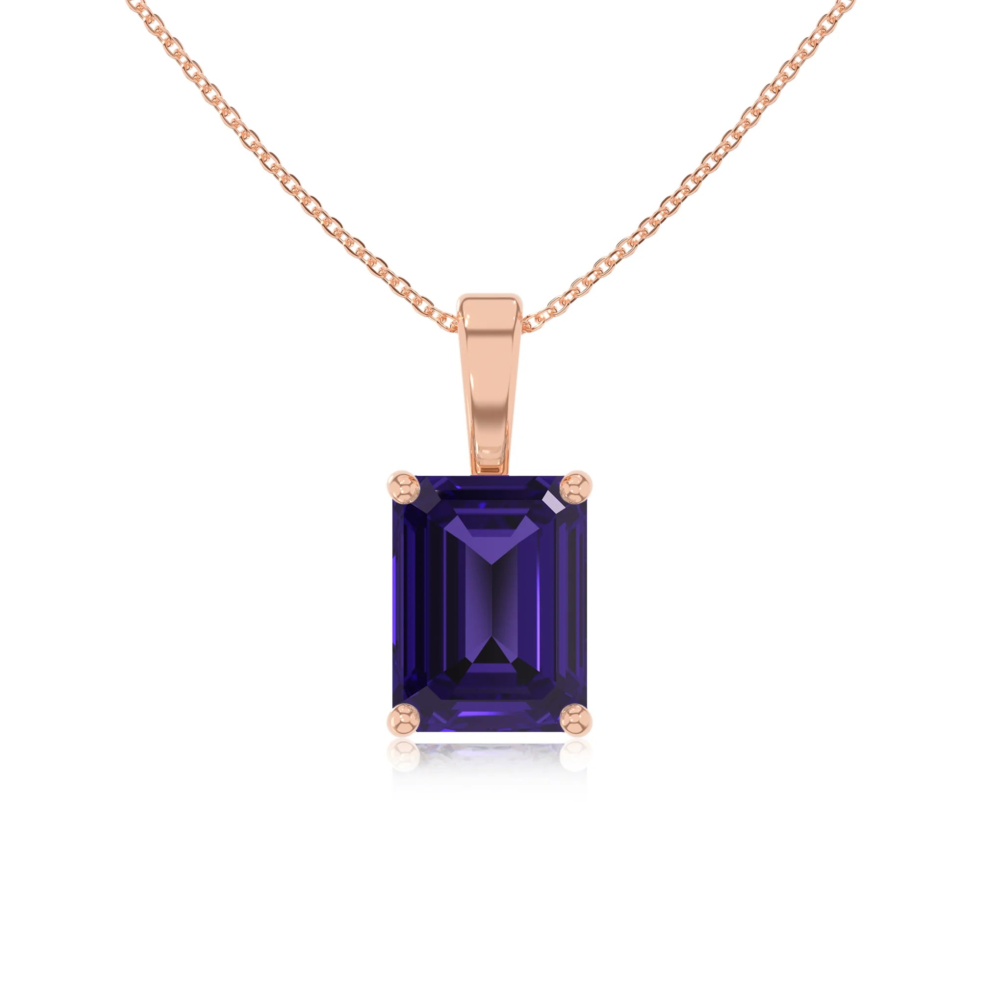 lab grown tanzanite emerald cut solitaire necklaces in rose gold