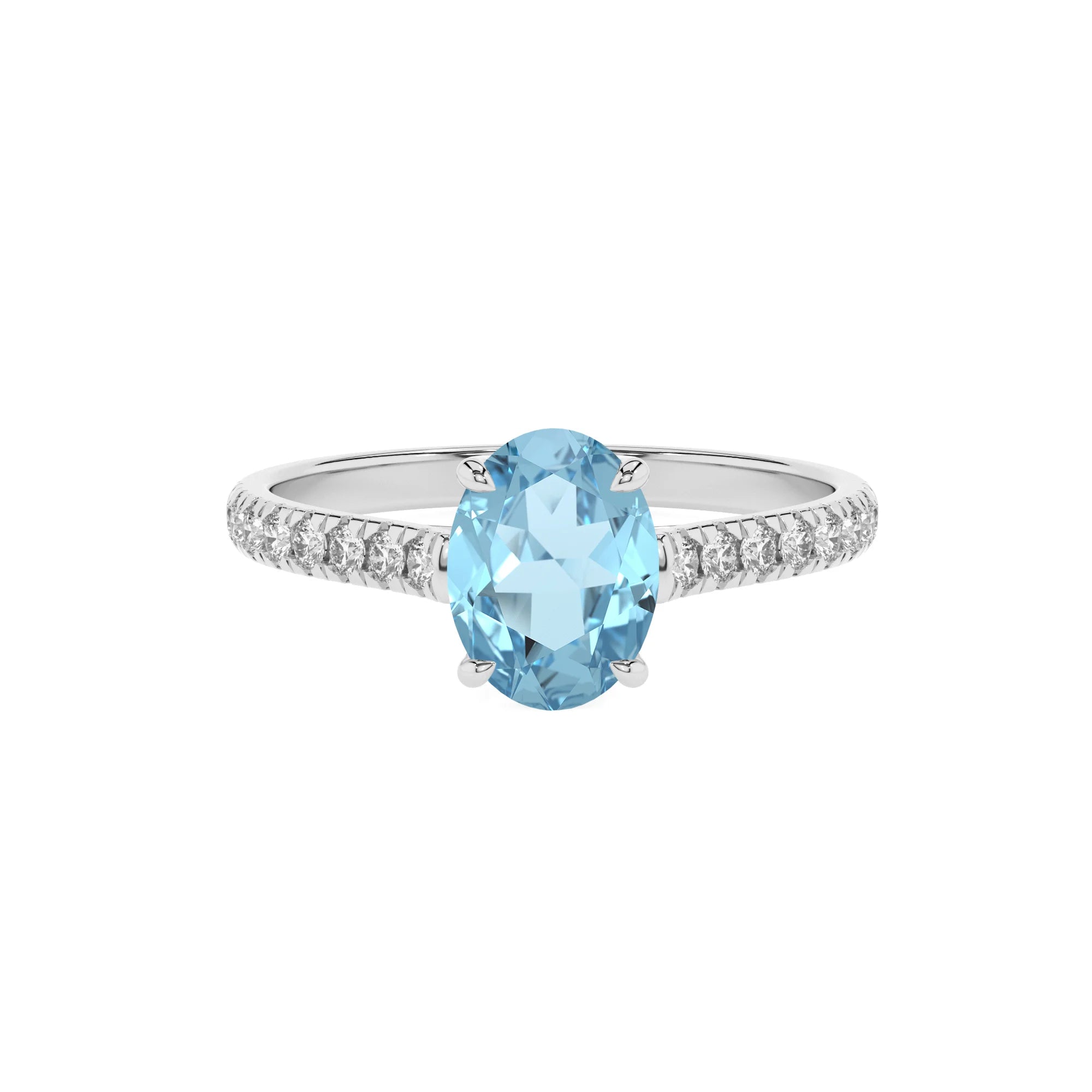 lab grown aquamarine oval half eternity solitaire engagement rings in white gold