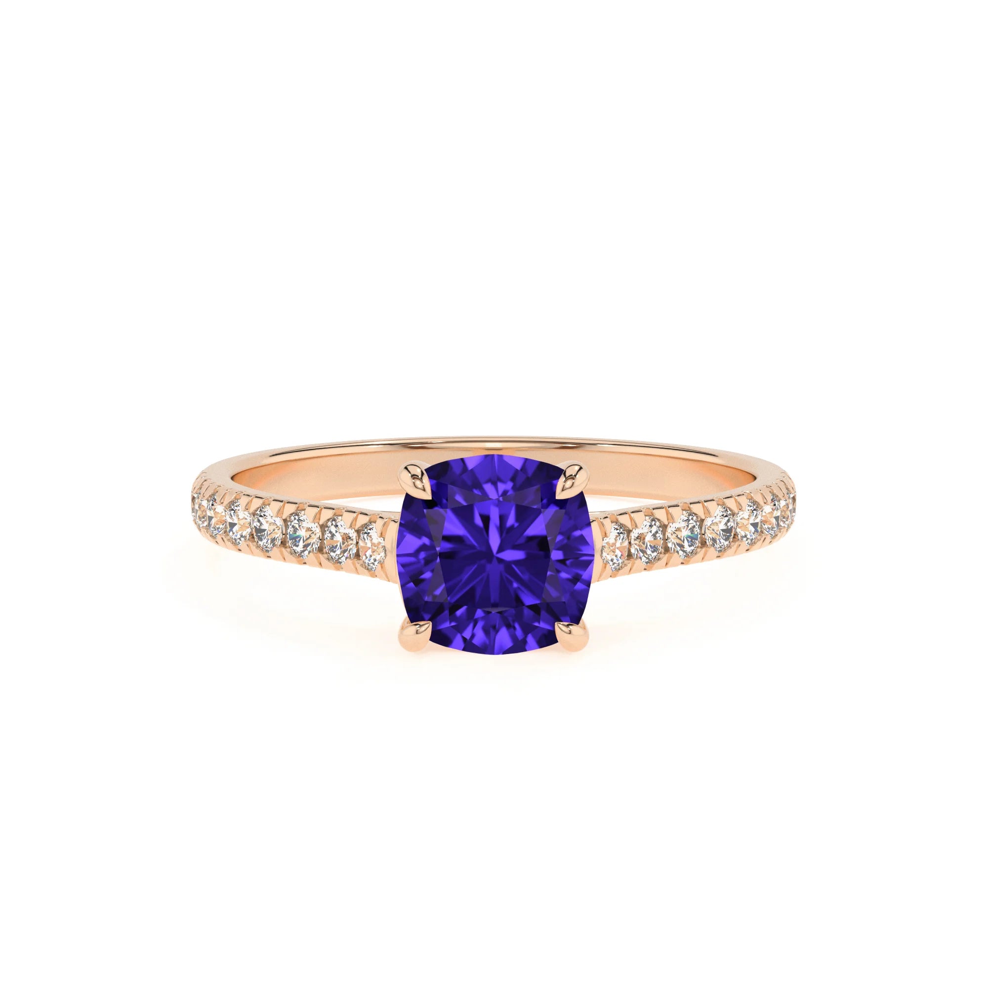 lab grown tanzanite cushion half eternity solitaire engagement rings in rose gold