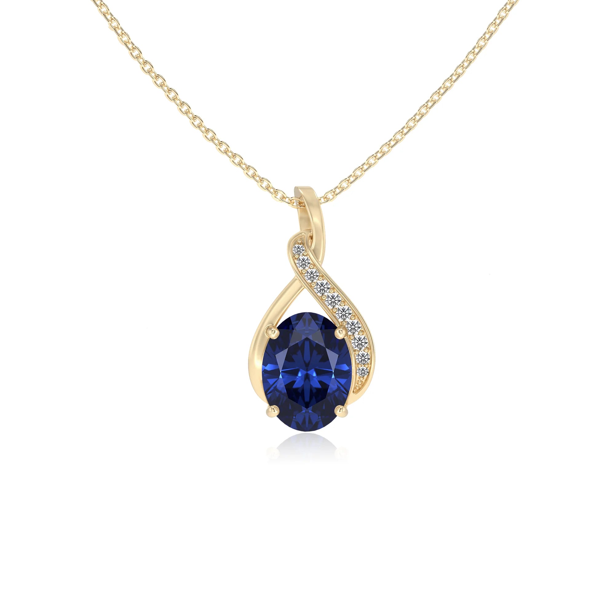 lab grown blue-sapphire oval solitaire necklaces in yellow gold