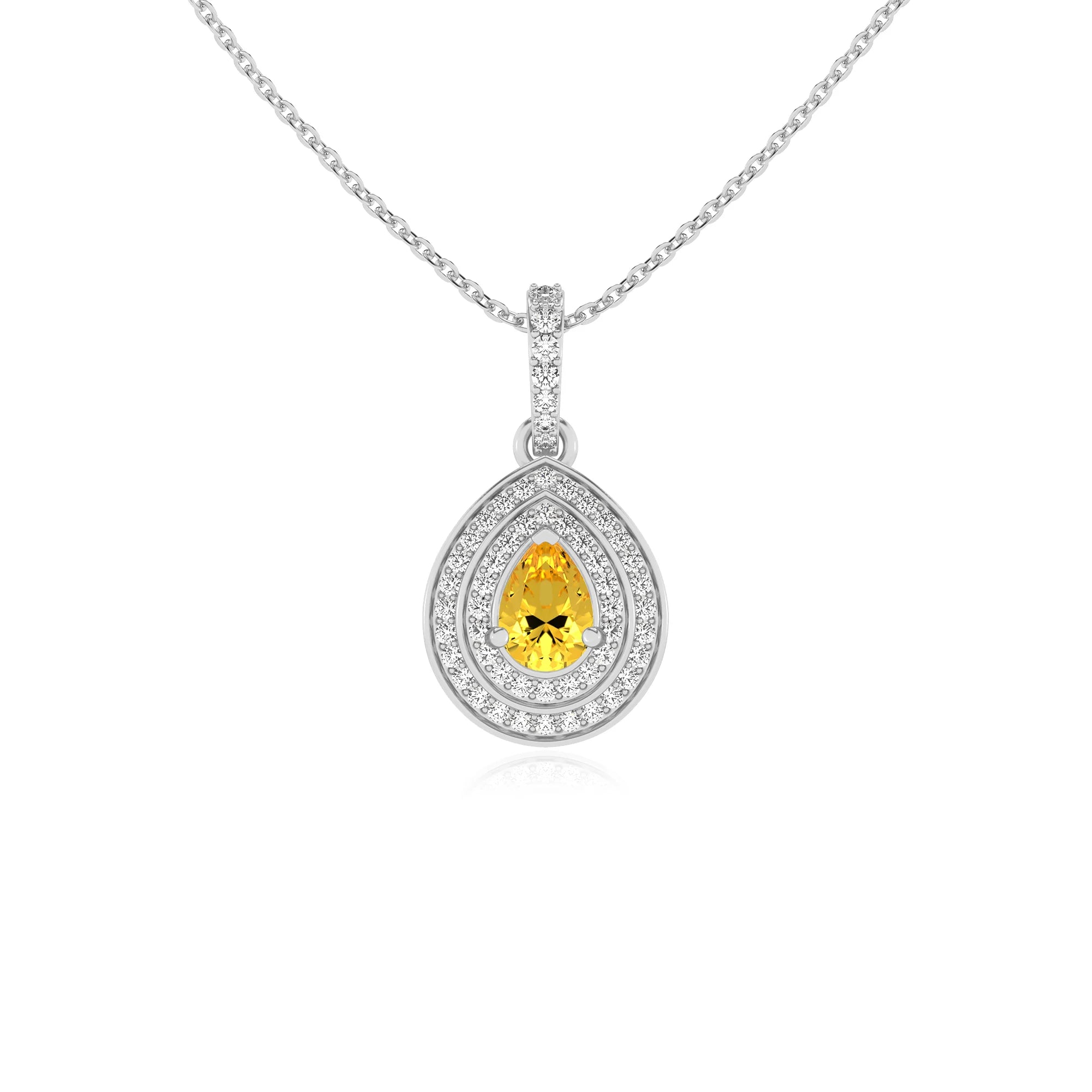 lab grown yellow-sapphire pear halo necklaces in platinum