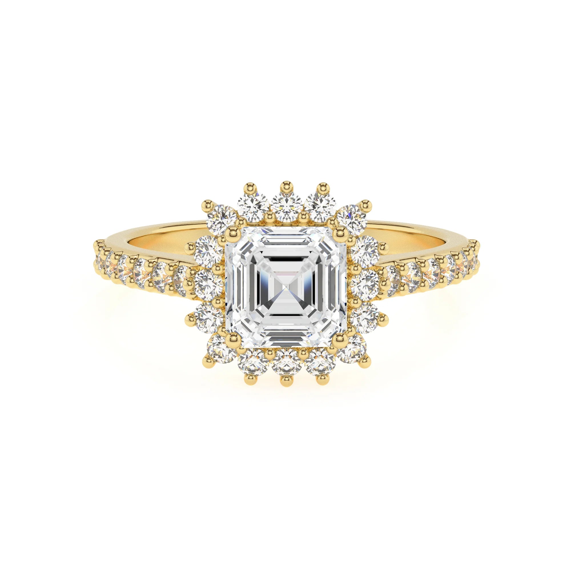 lab grown moissanite asscher solitaire rings in yellow gold