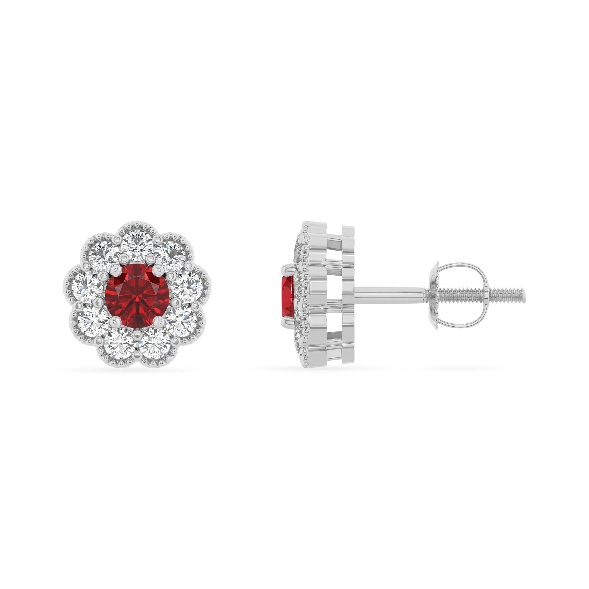 lab grown ruby round stud earrings in white gold