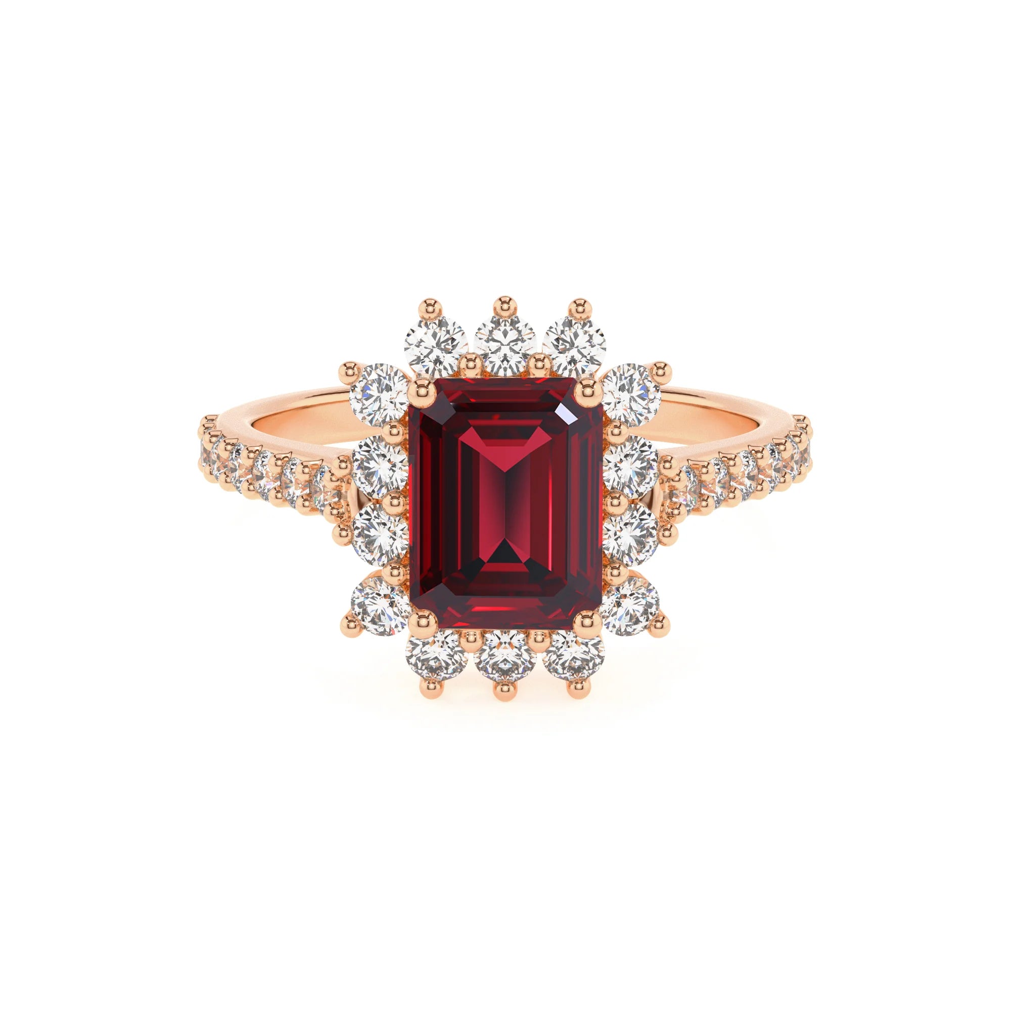 lab grown ruby emerald cut solitaire rings in rose gold