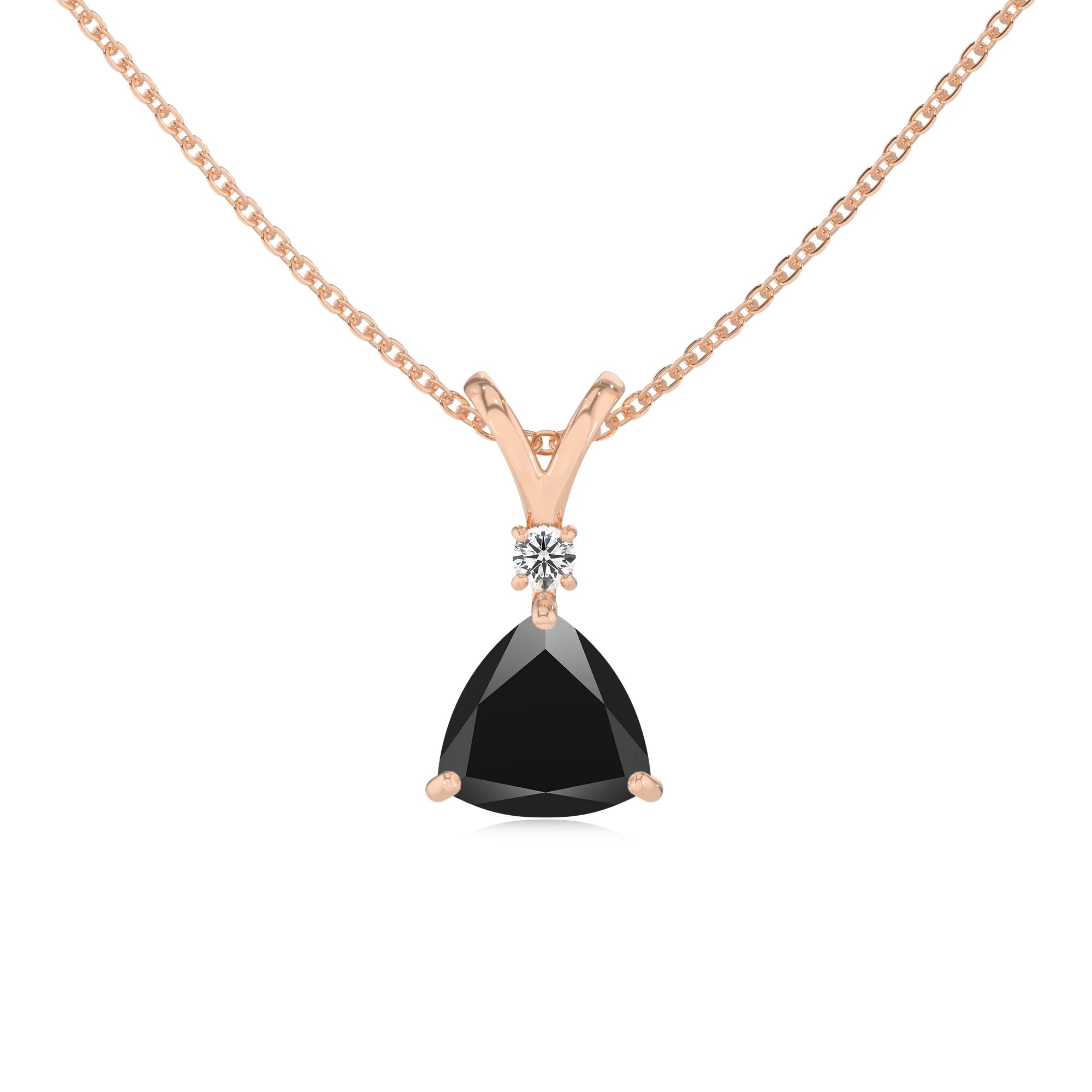 natural black-onyx trillion solitaire v-bale necklaces in rose gold