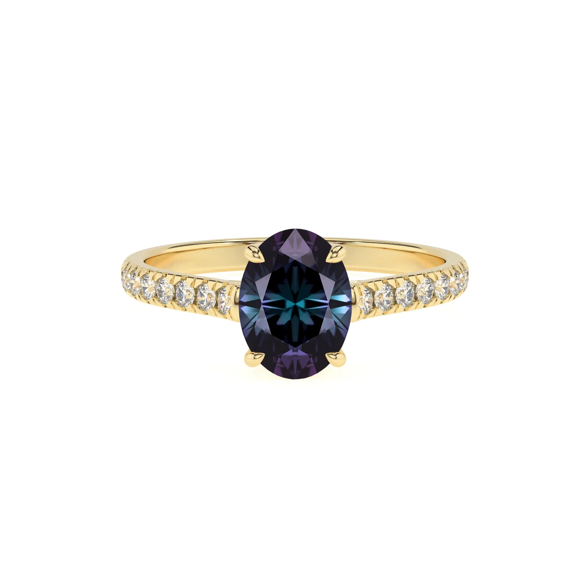 lab grown alexandrite oval half eternity solitaire engagement rings in yellow gold