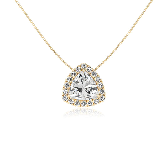 lab grown moissanite trillion solitaire necklaces in yellow gold