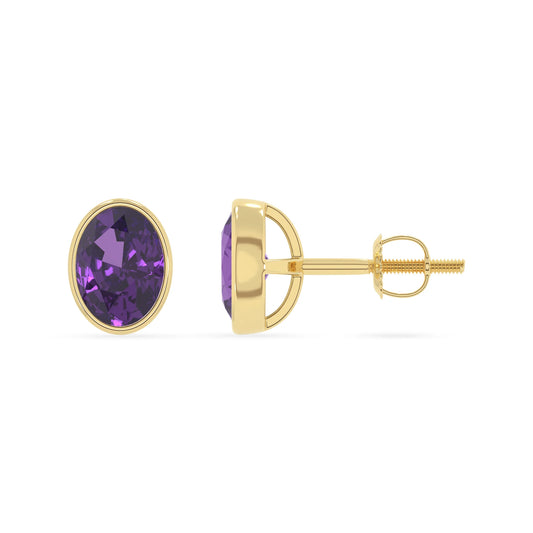 lab grown amethyst oval stud earrings in yellow gold