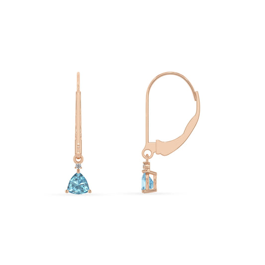 lab grown aquamarine trillion drop earrings in rose gold