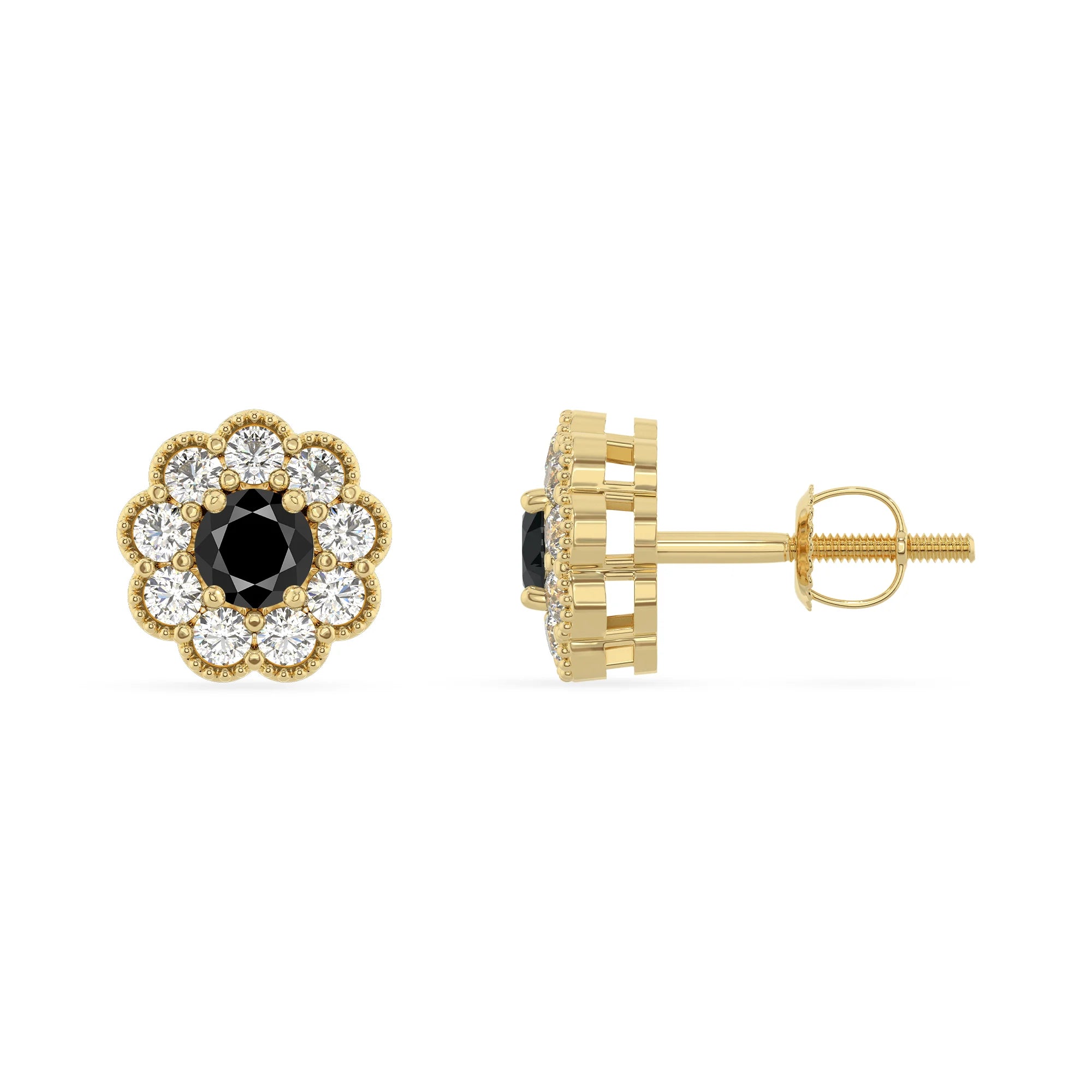 natural black onyx round stud earrings in yellow gold