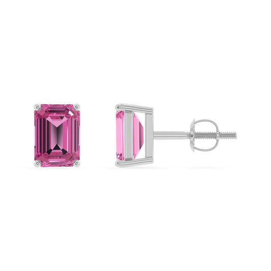 lab grown pink sapphire emerald cut stud earrings in sterling silver