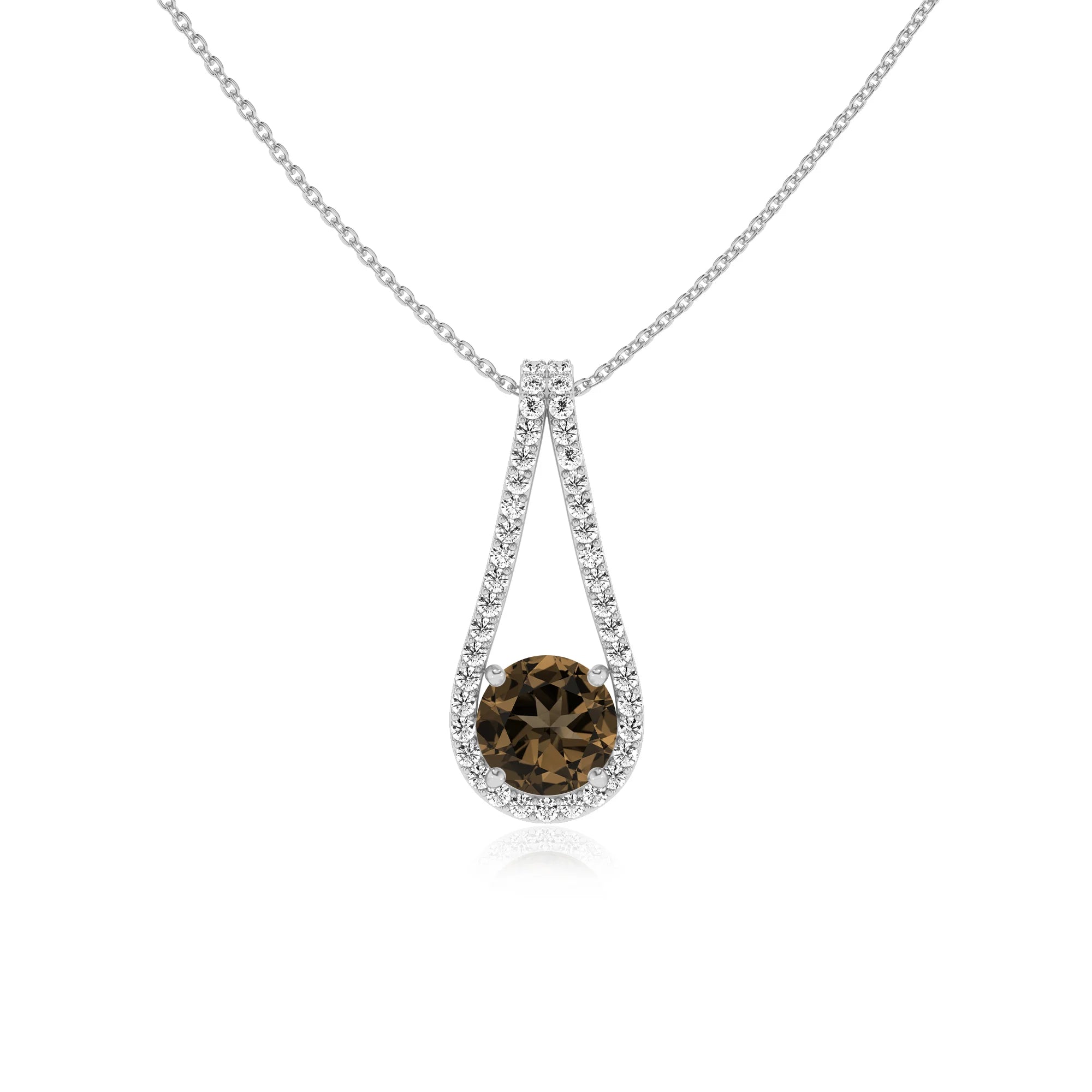 natural smoky-quartz round solitaire v-bale necklaces in white gold