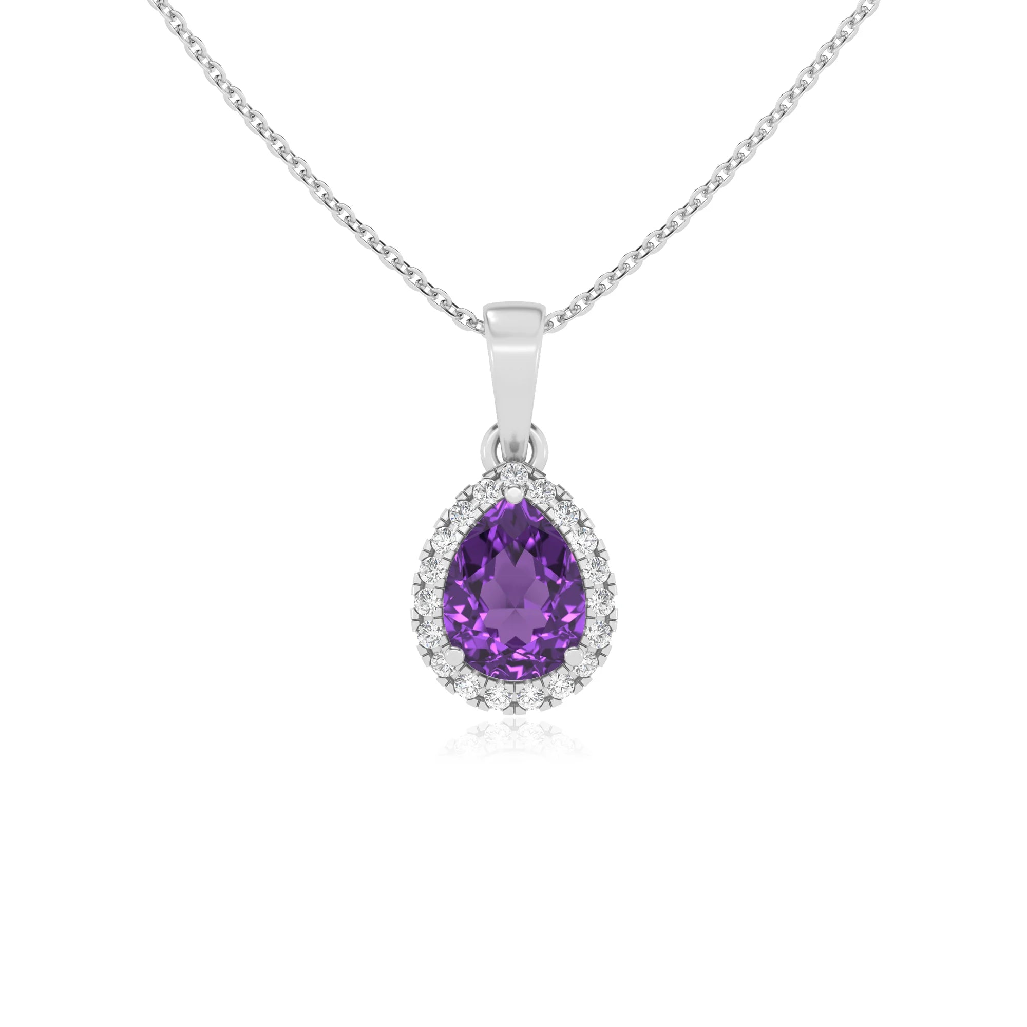 lab grown amethyst pear solitaire necklaces in white gold