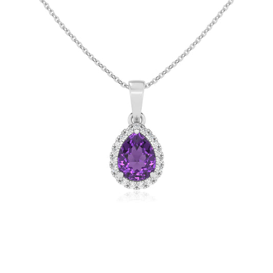 lab grown amethyst pear solitaire necklaces in white gold