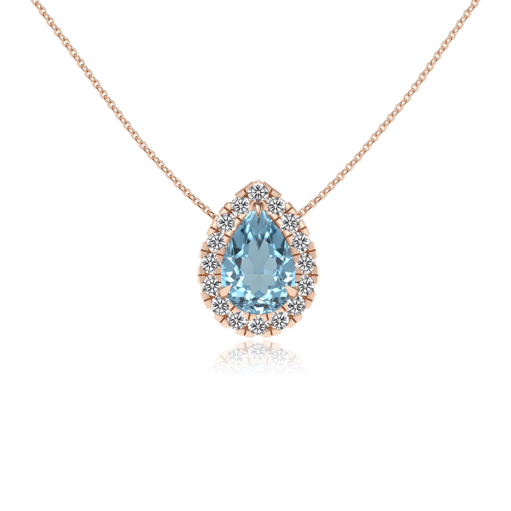 lab grown aquamarine pear solitaire necklaces in rose gold