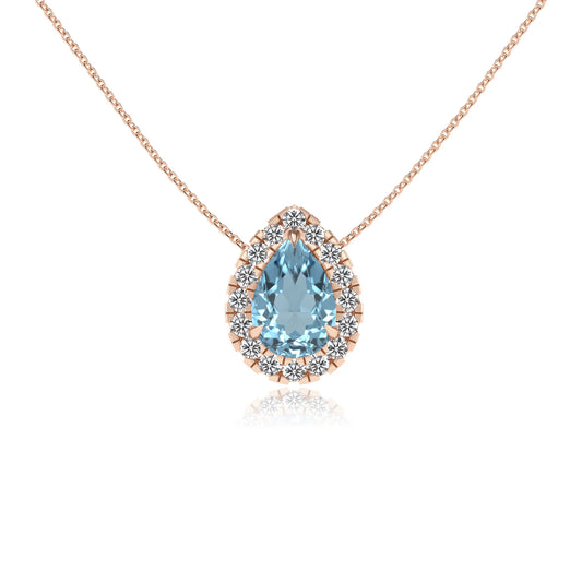 lab grown aquamarine pear solitaire necklaces in rose gold