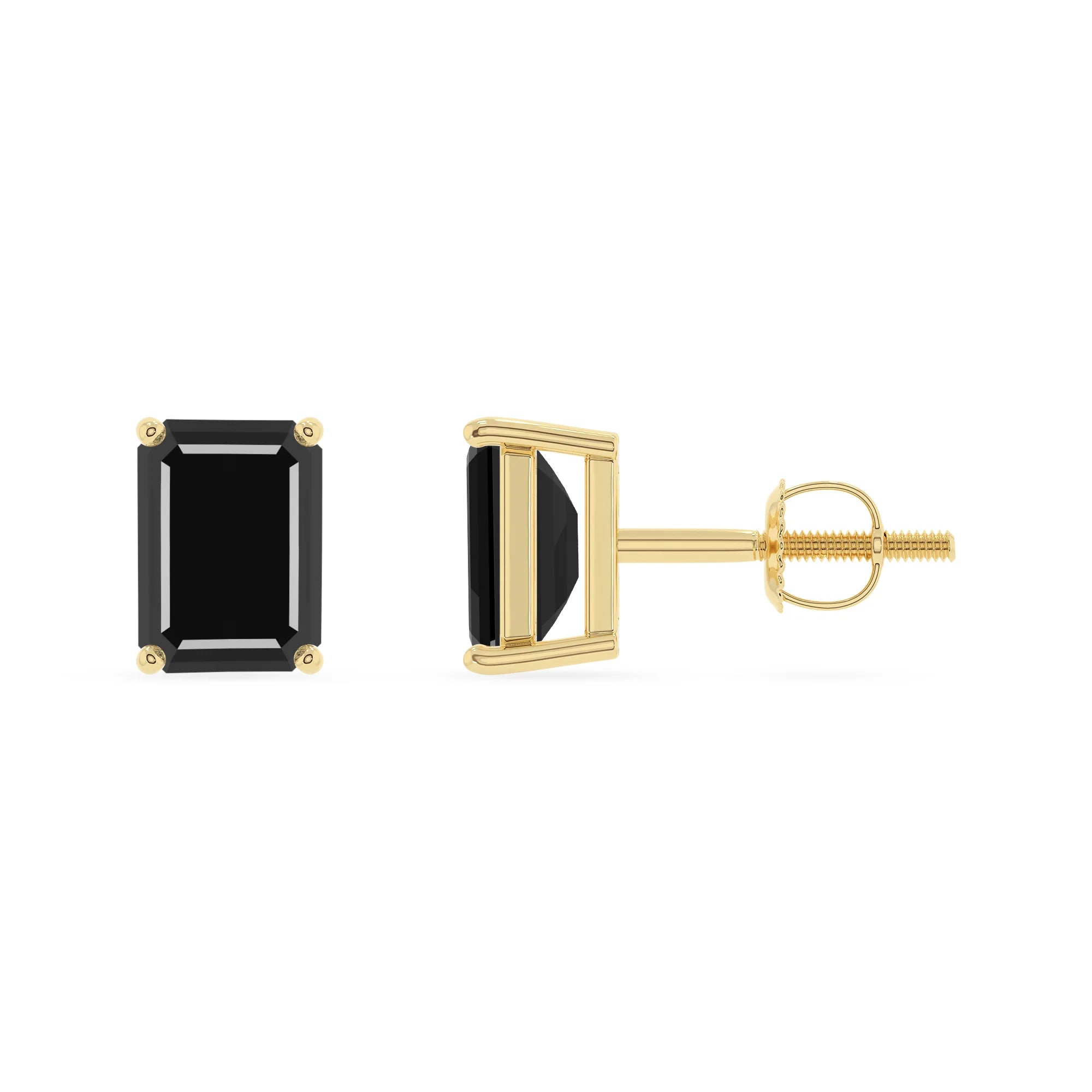natural black onyx emerald cut stud earrings in yellow gold