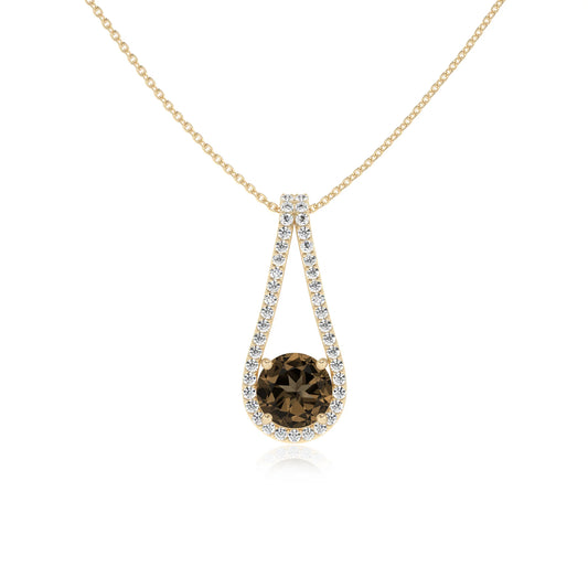 natural smoky-quartz round solitaire v-bale necklaces in yellow gold