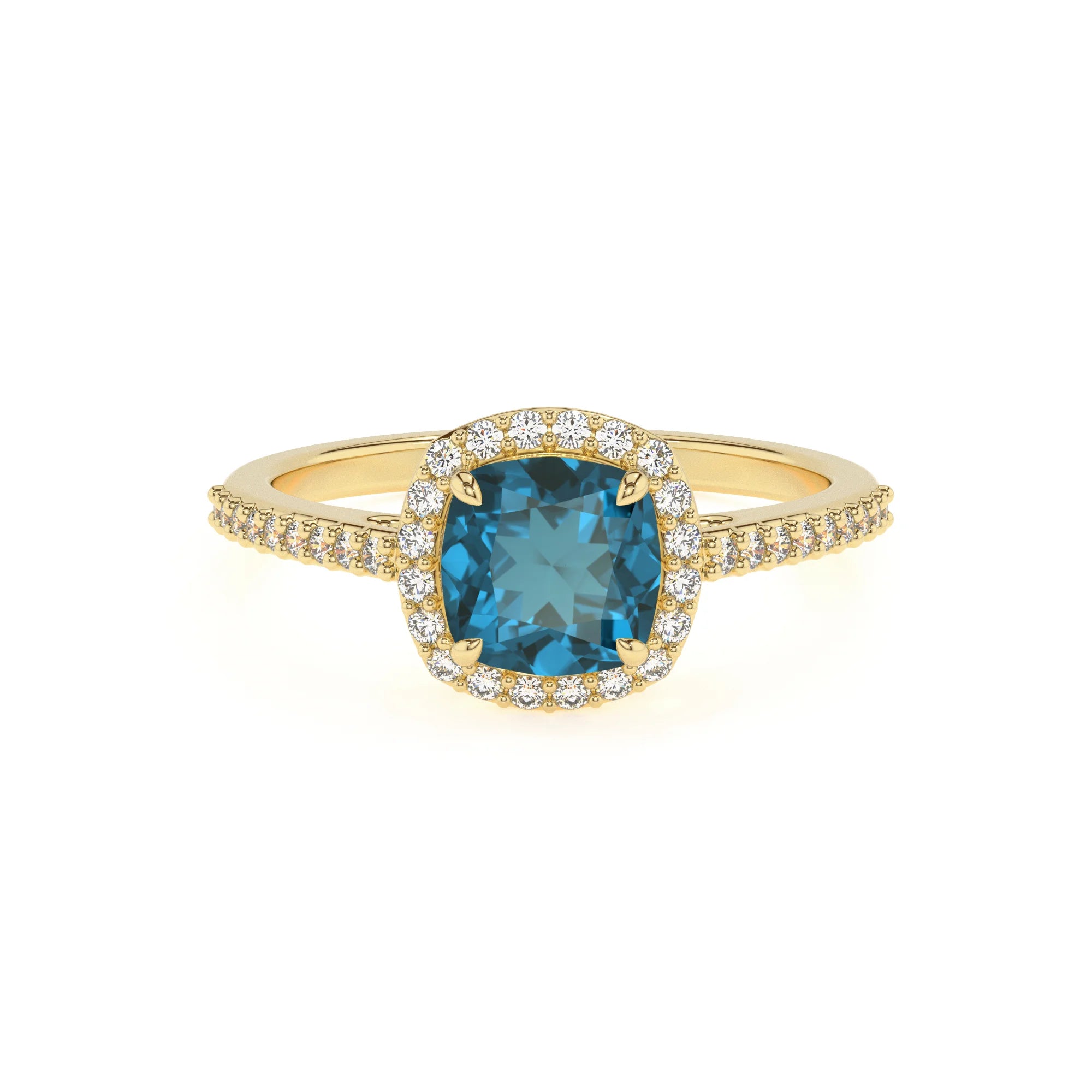 natural london-blue-topaz cushion solitaire rings in yellow gold
