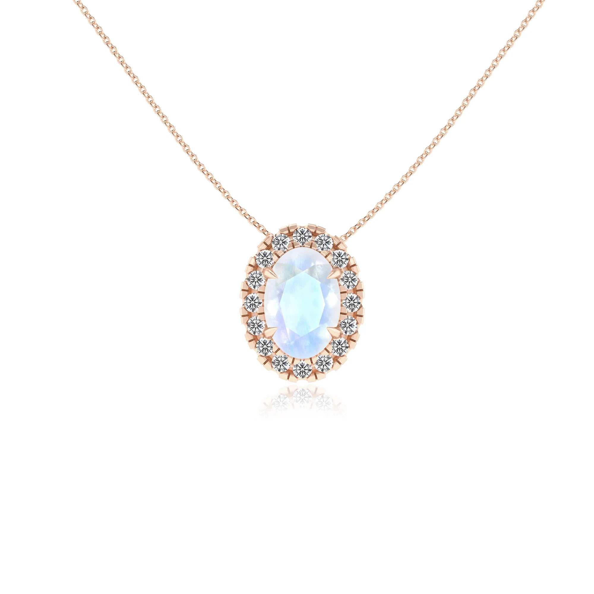 natural rainbow moonstone oval solitaire necklaces in rose gold