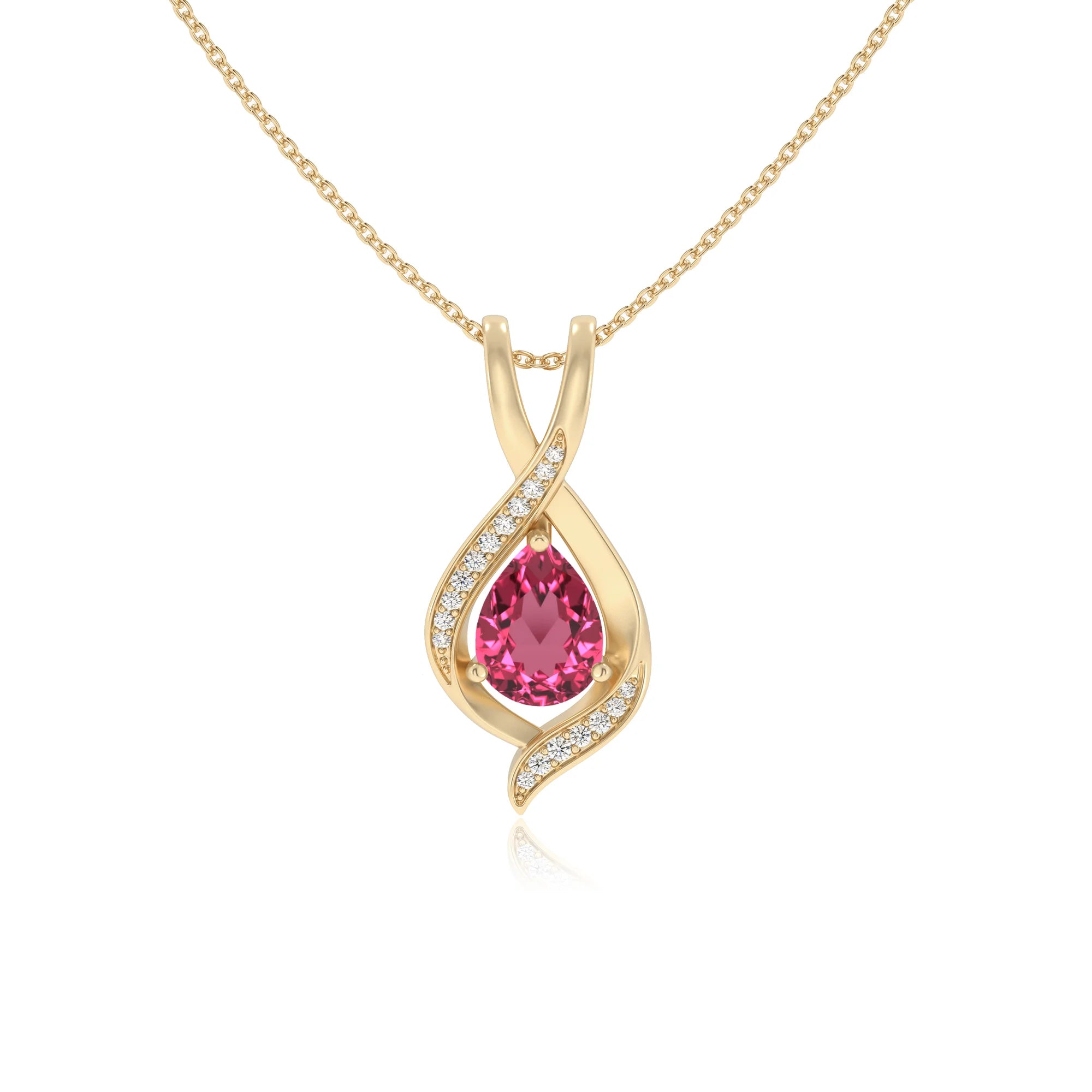 lab grown pink-tourmaline pear solitaire necklaces in yellow gold