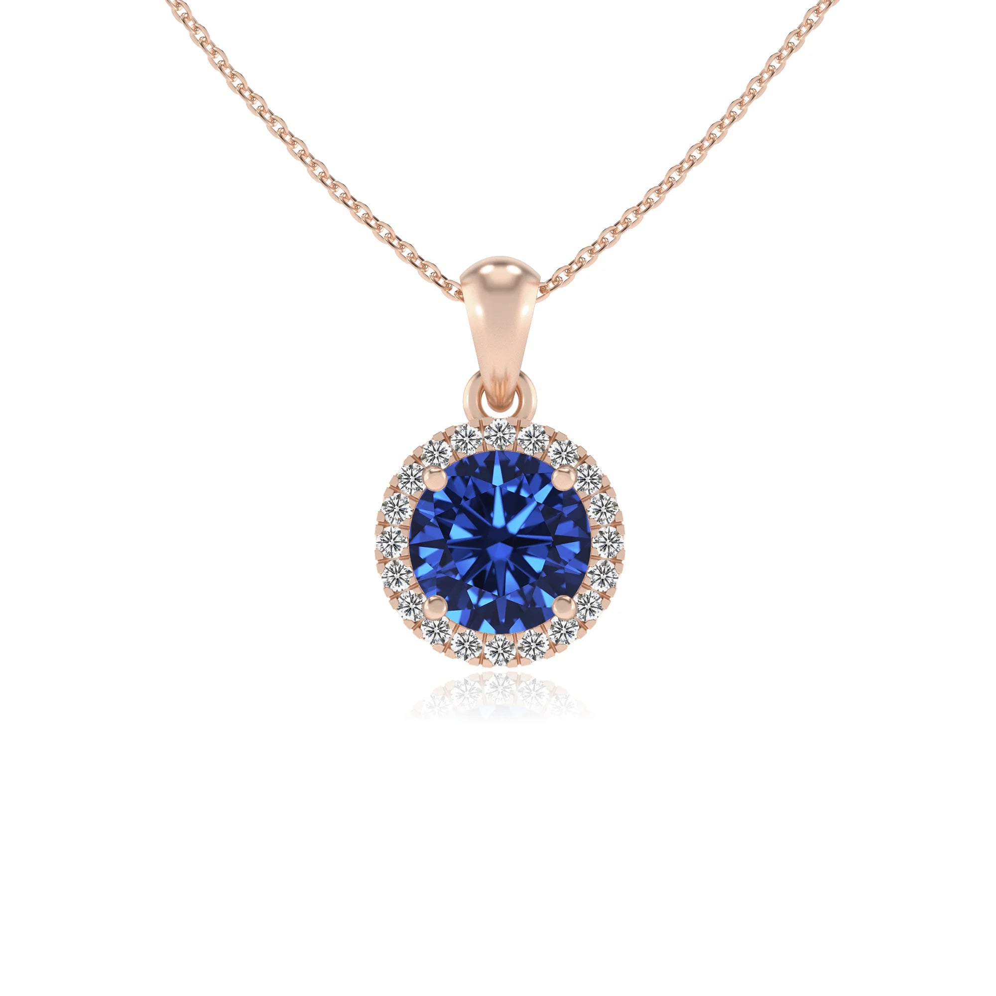 lab grown blue-sapphire round solitaire necklaces in rose gold