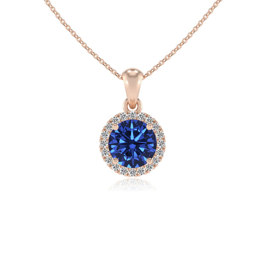 lab grown blue-sapphire round solitaire necklaces in rose gold