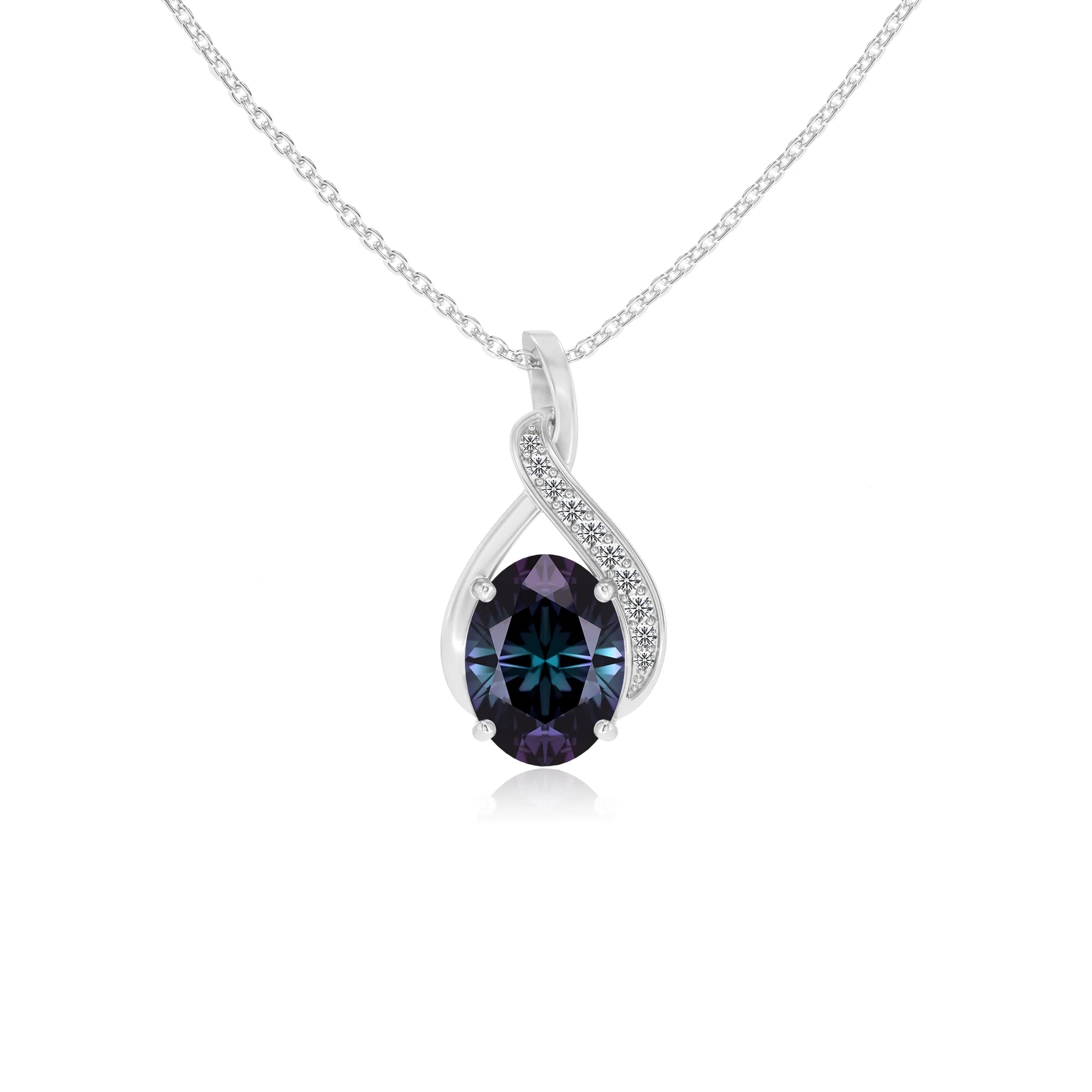 lab grown alexandrite oval solitaire necklaces in white gold