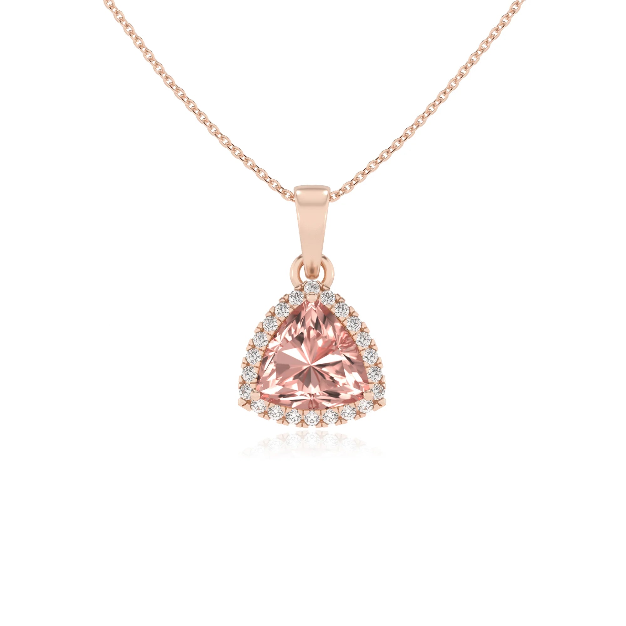 lab grown morganite trillion solitaire necklaces in rose gold