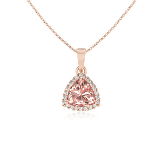 lab grown morganite trillion solitaire necklaces in rose gold