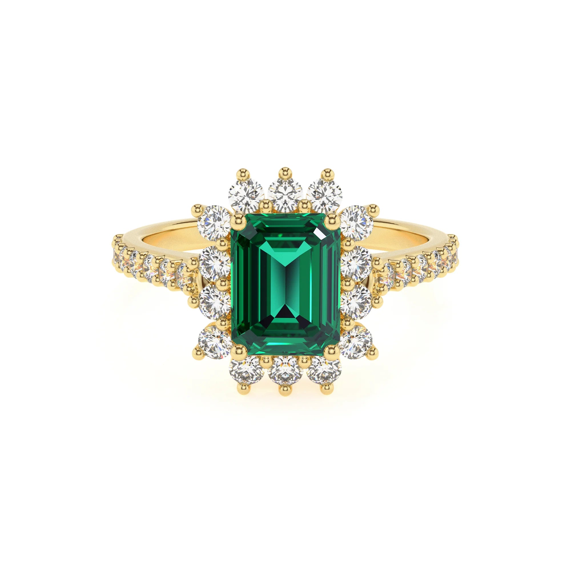 lab grown emerald octogon cut solitaire rings in yellow gold