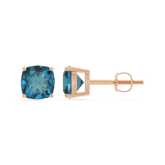 natural london blue topaz cushion stud earrings in rose gold