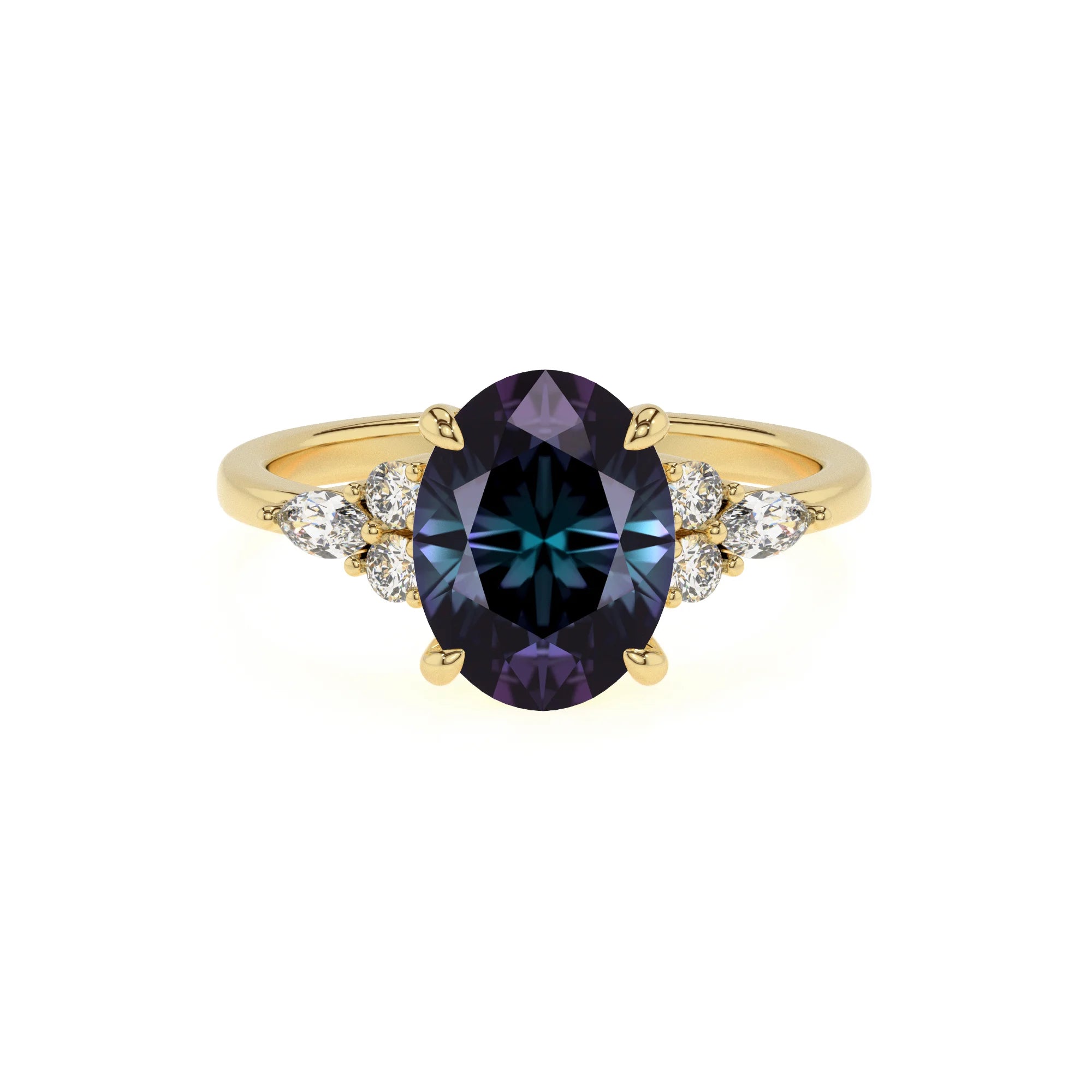 lab grown alexandrite oval solitaire rings in yellow gold