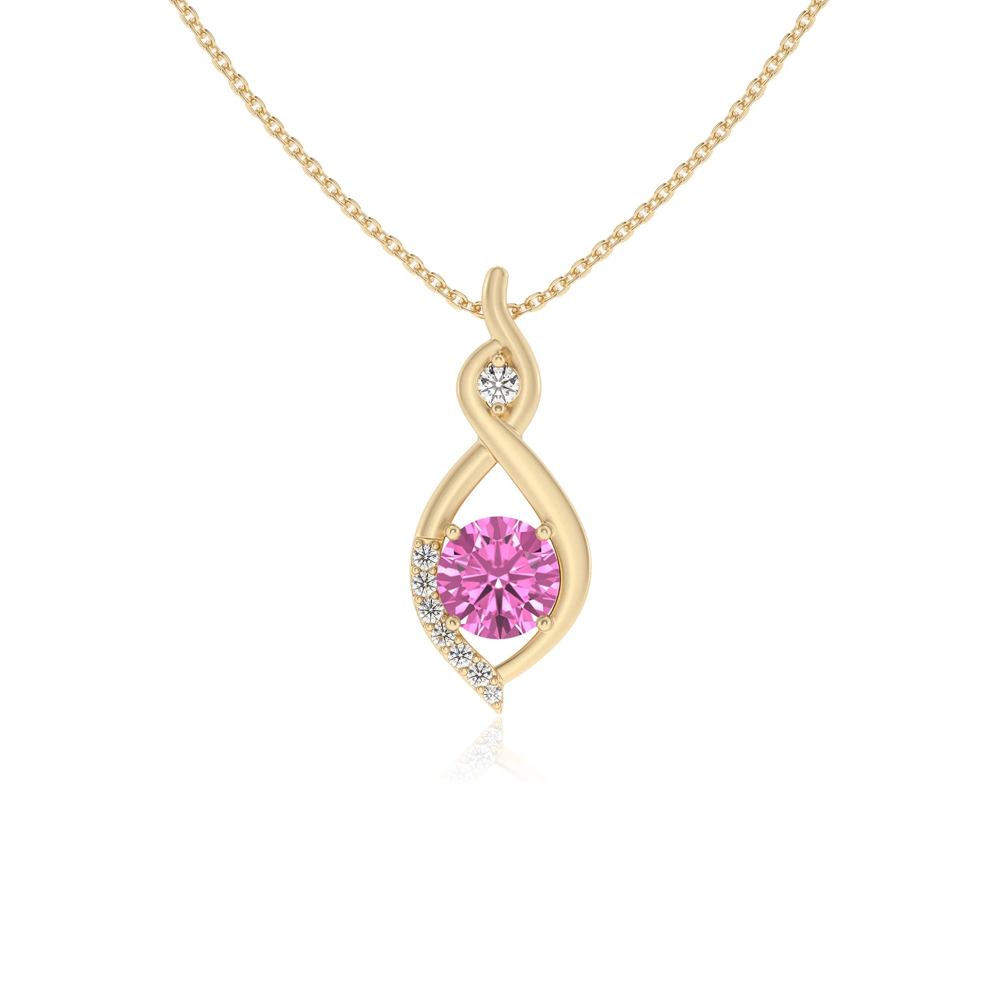 lab grown pink-sapphire round solitaire necklaces in yellow gold