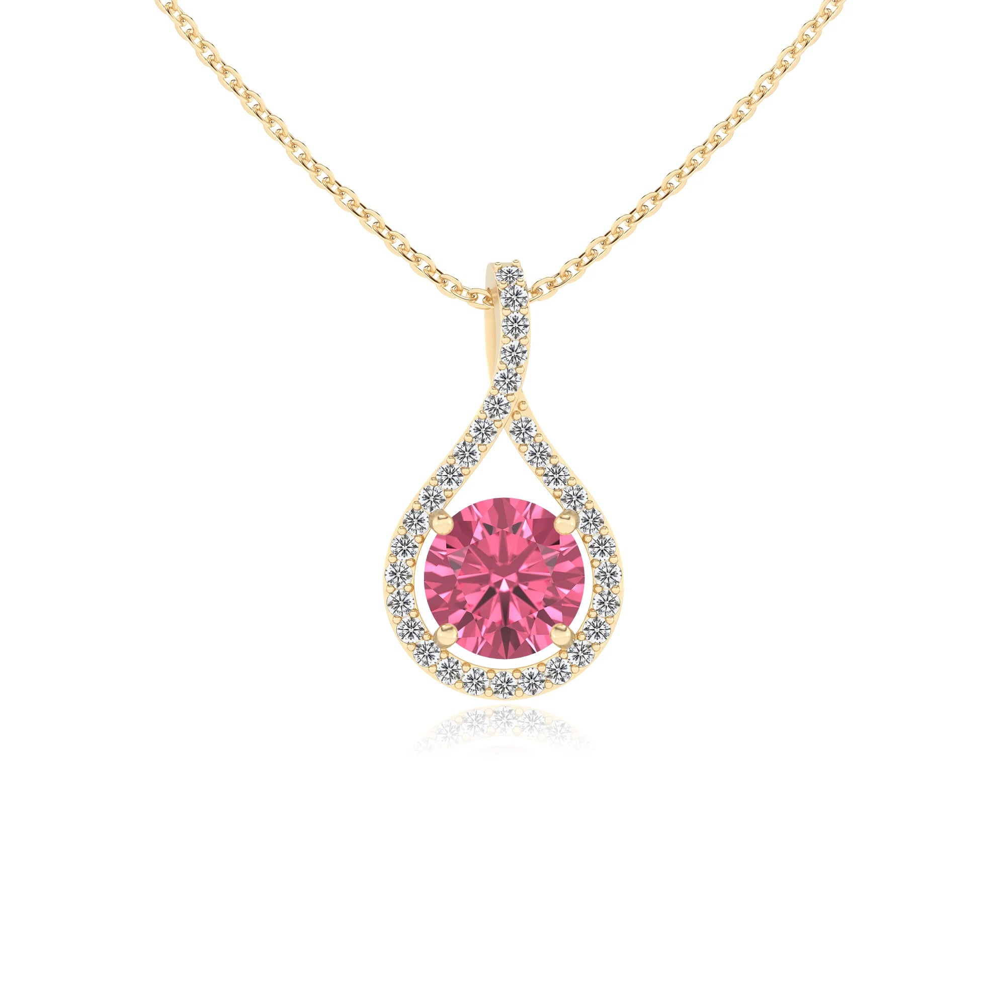 lab grown pink-tourmaline round solitaire necklaces in yellow gold