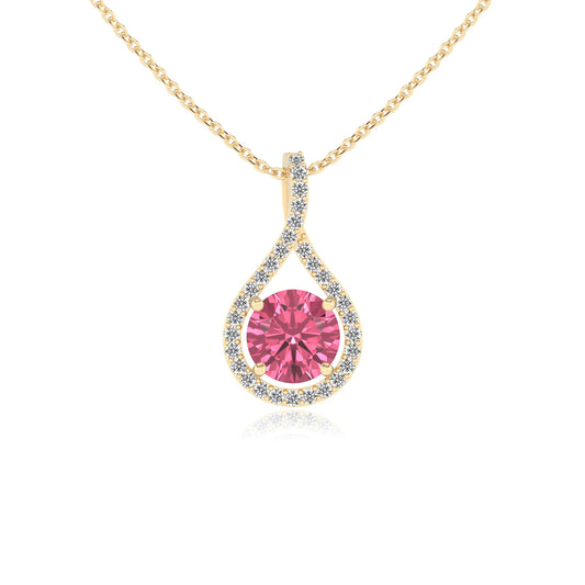 lab grown pink-tourmaline round solitaire necklaces in yellow gold
