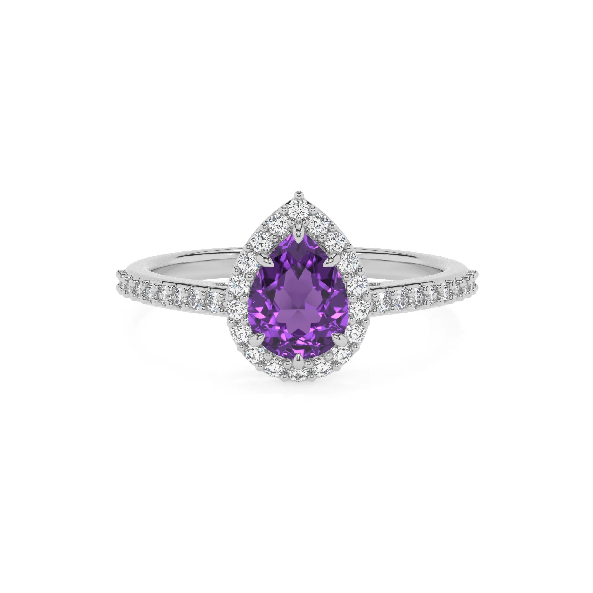 lab grown amethyst pear solitaire rings in sterling silver
