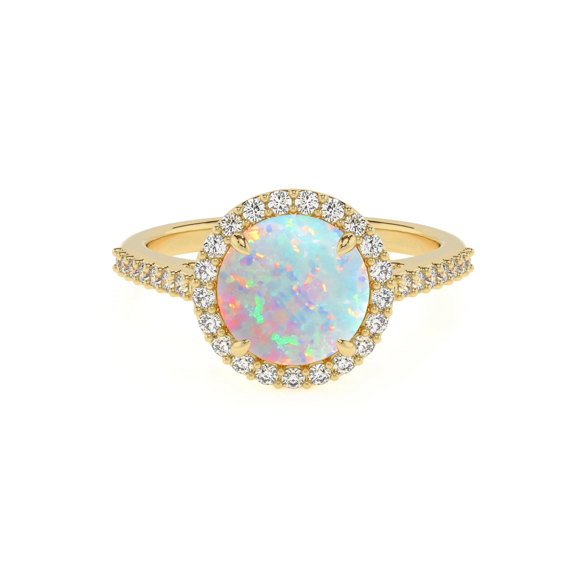 lab grown opal round solitaire rings in yellow gold