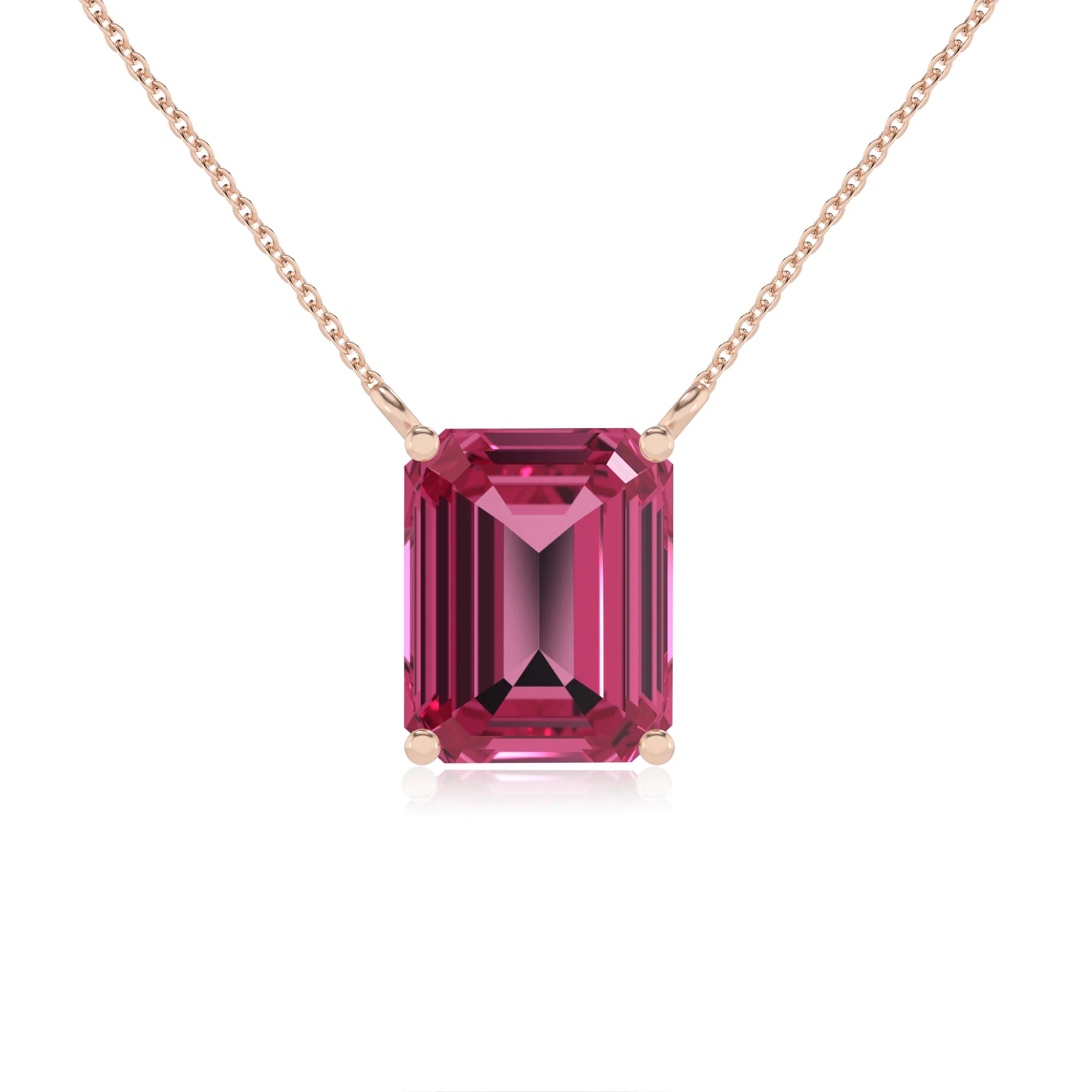 lab grown pink-tourmaline emerald cut solitaire necklaces in rose gold
