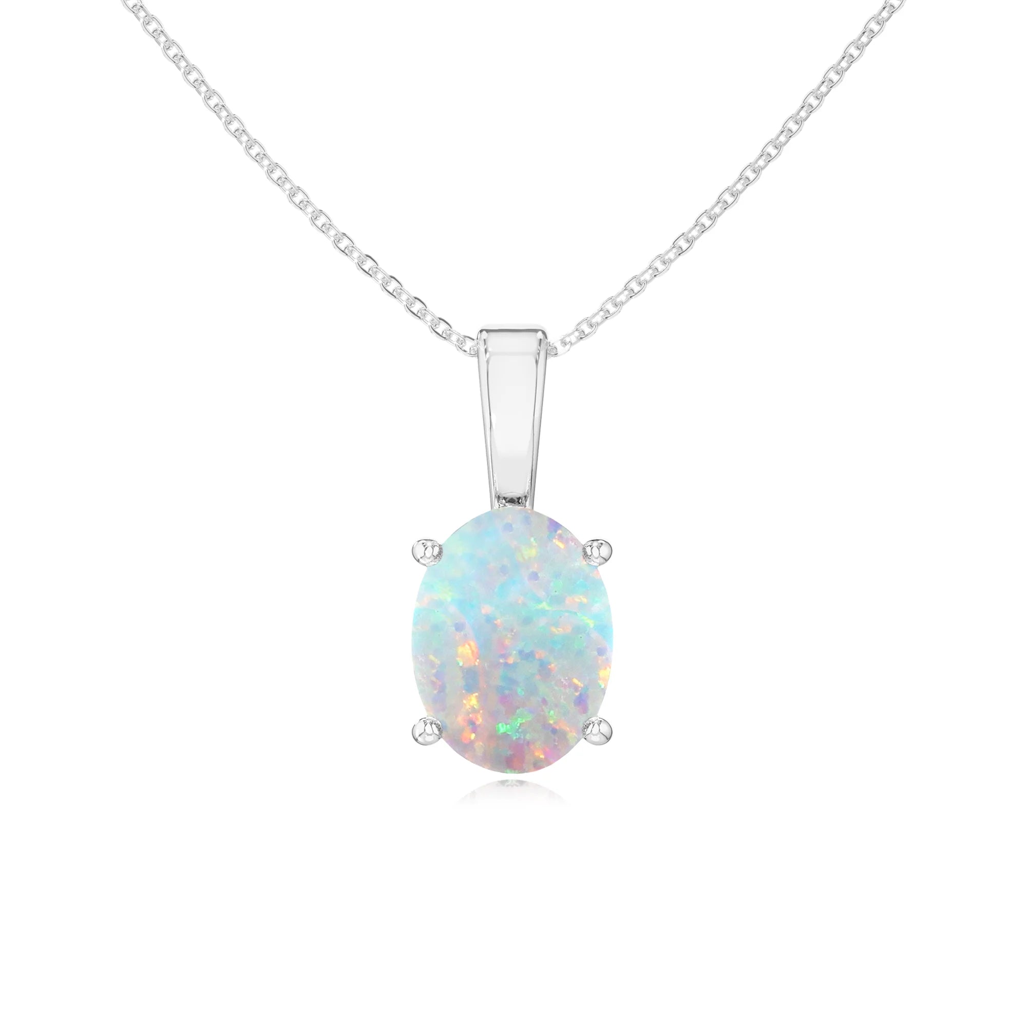 lab grown opal oval solitaire necklaces in white gold