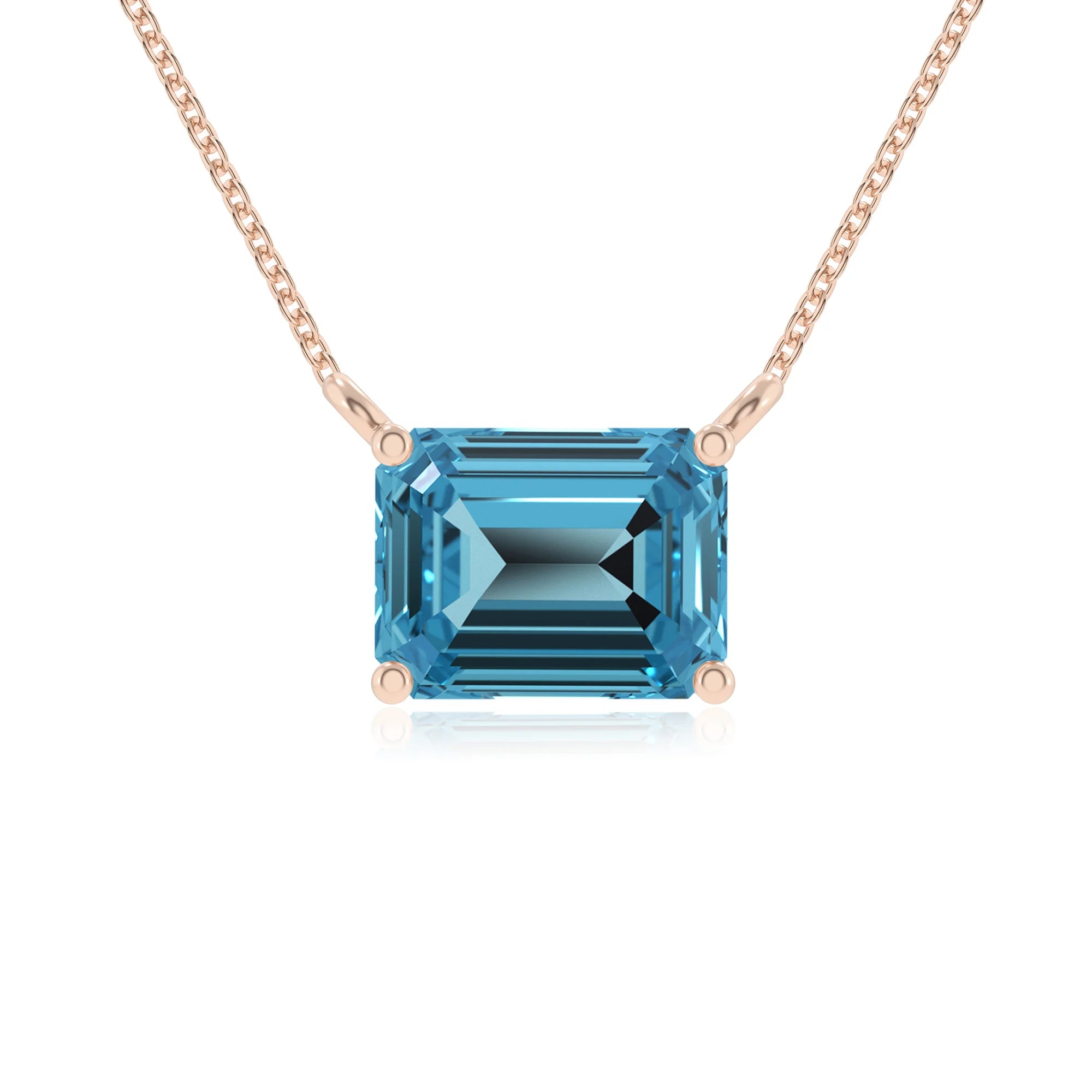 natural swiss-blue-topaz emerald cut solitaire necklaces in rose gold