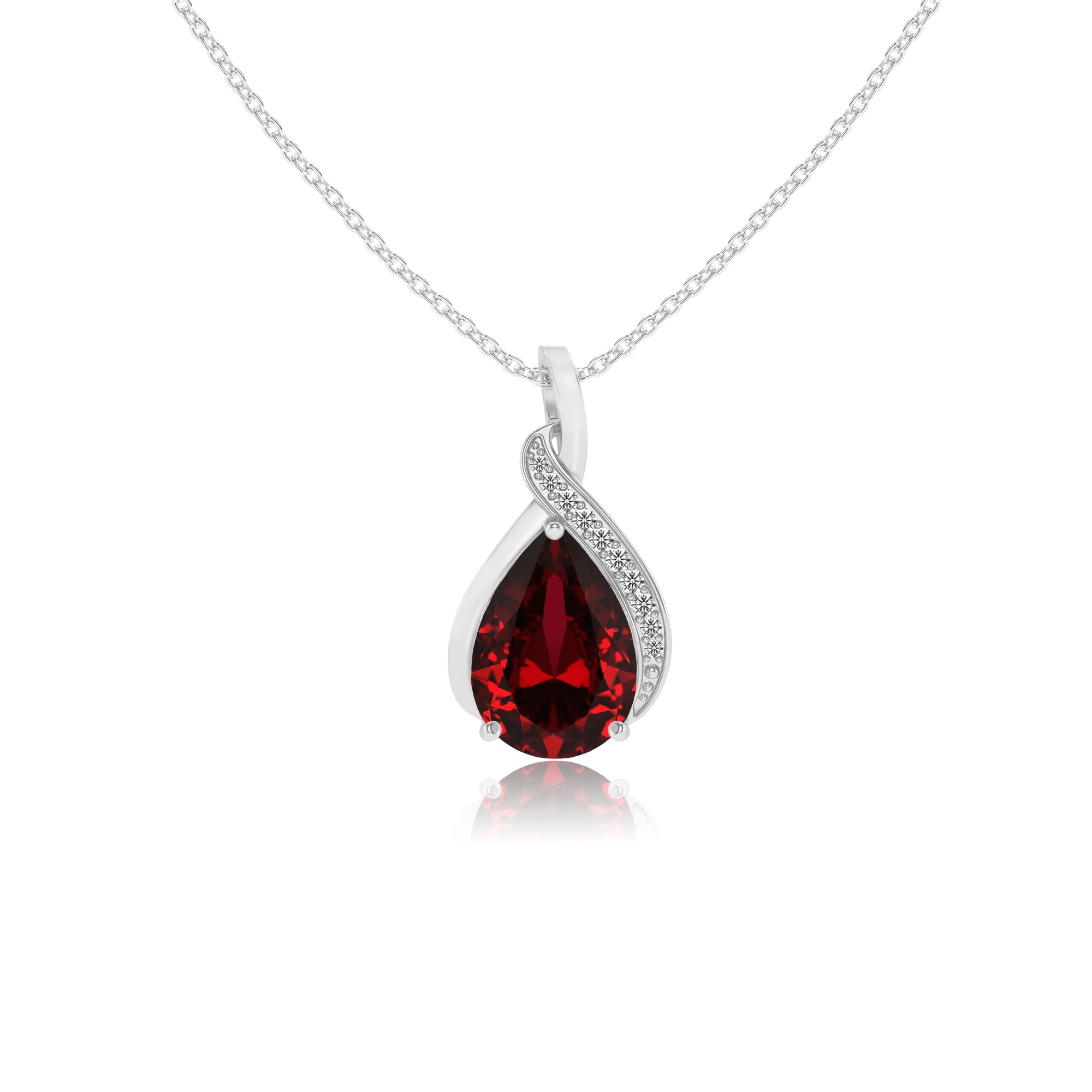 lab grown ruby pear solitaire necklaces in white gold