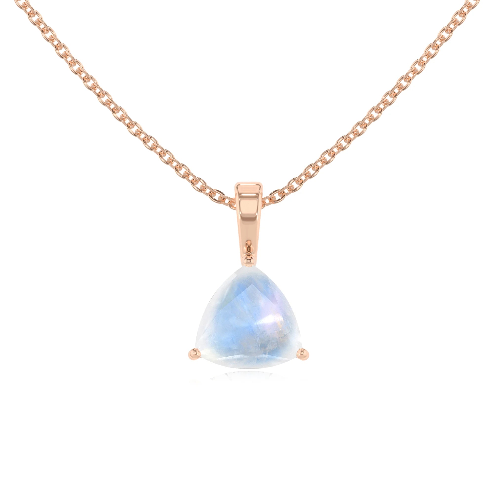 natural rainbow-moonstone trillion solitaire necklaces in rose gold
