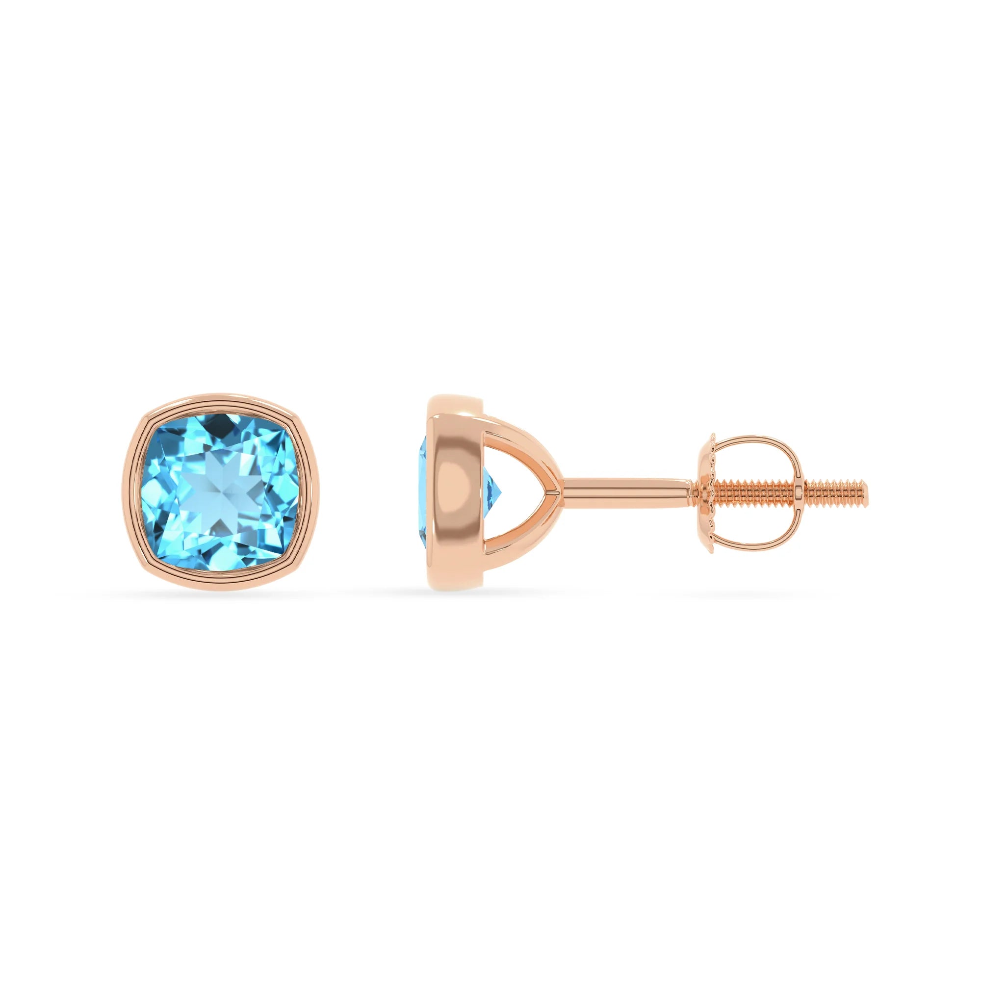 natural swiss blue topaz cushion stud earrings in rose gold
