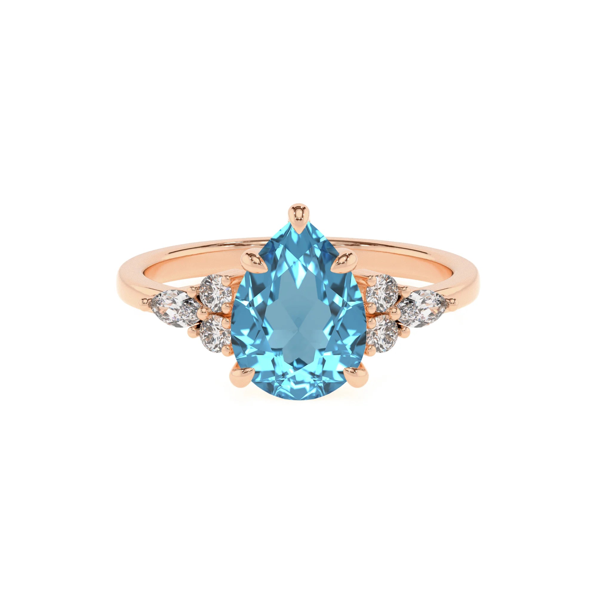 natural swiss-blue-topaz pear solitaire rings in rose gold