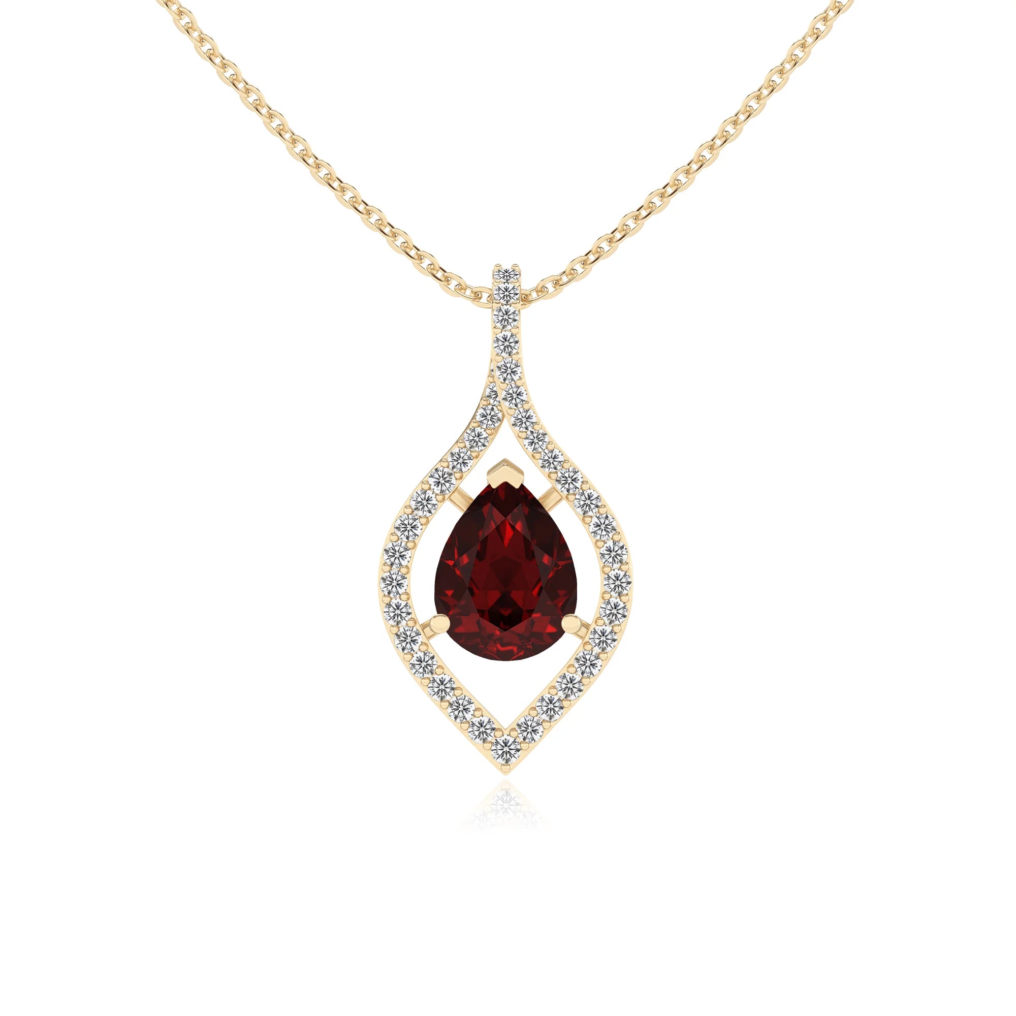 natural garnet pear infinity necklaces in yellow gold